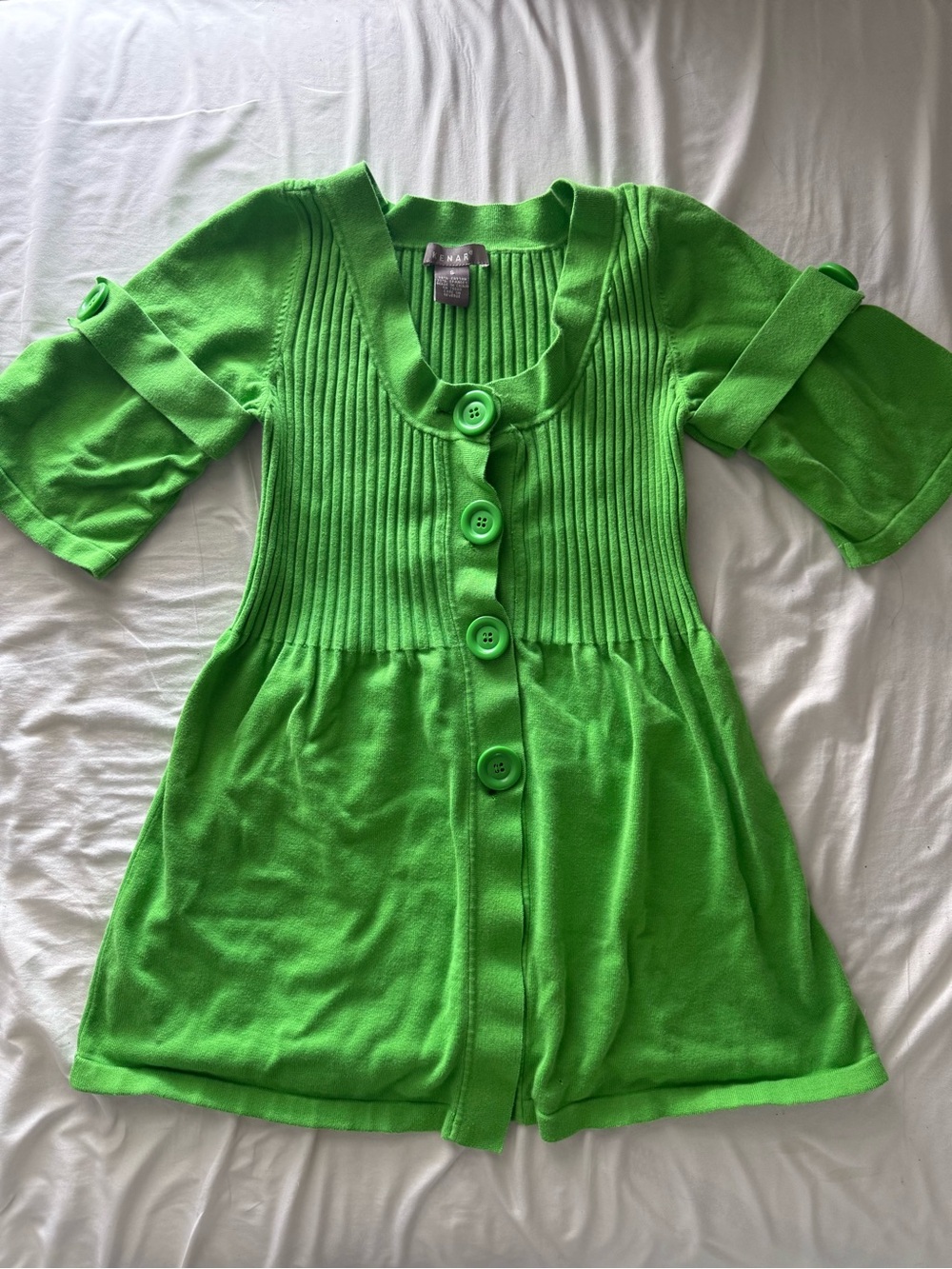 Kenar Bright Green Button-Front Ribbed Knit Top
